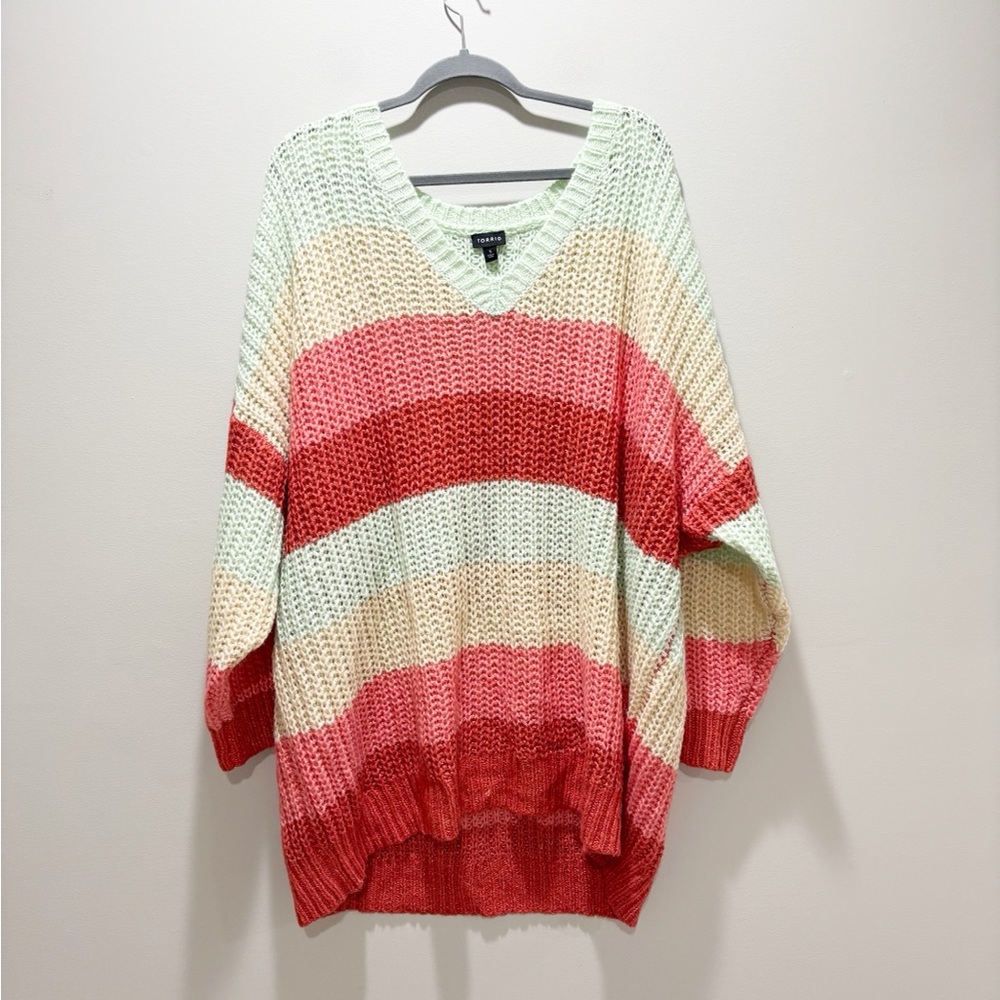 torrid Striped V-Neck Sweater in Mint, Coral & Cream Pullover Tunic Colorful 5X